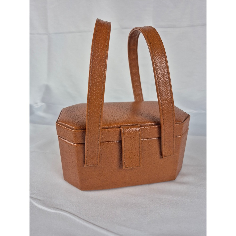 Vintage Mod Brown Vanity‎ Box Purse Mirror Lid Structured Retro MCM Handbag
